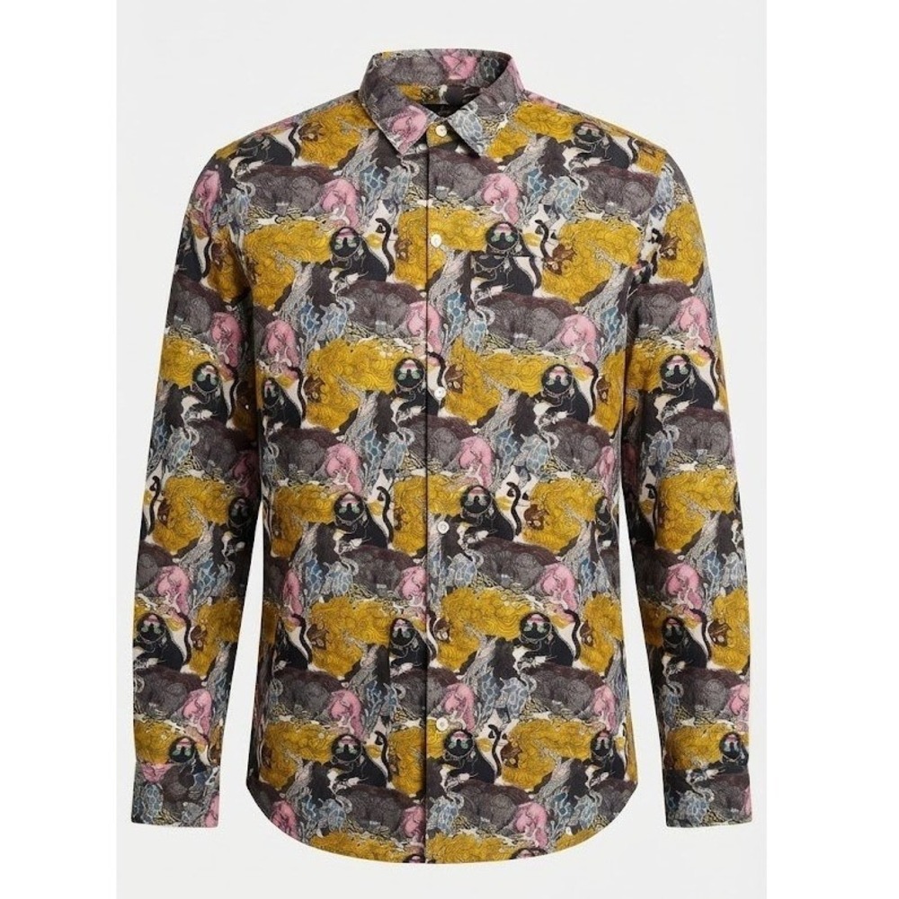 Graniph Mens Medium Graphic Art Monkey Print Long Sleeve Button Up Shirt  -‎ CJ